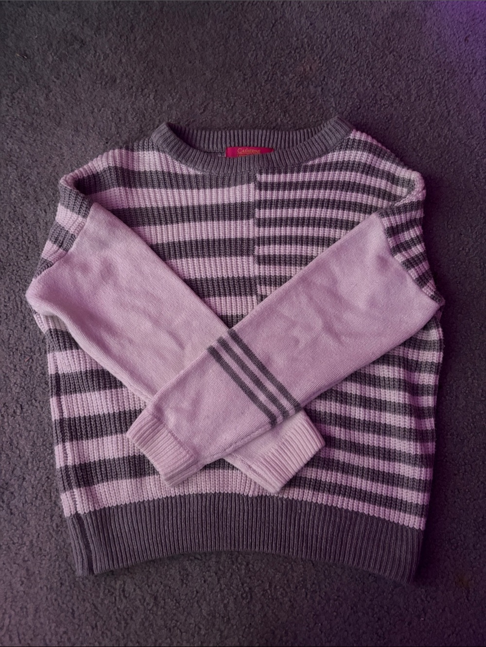Catherines White and Gray Striped Crewneck Sweater
